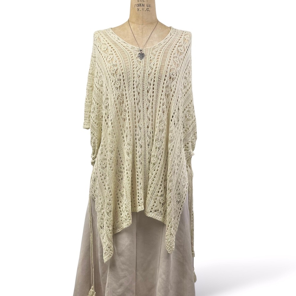 Boho Fairy Poncho Pointelle Knit Tassled Cottegecore Coastal Ethereal Size XL